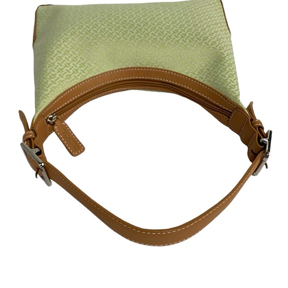 TALBOTS Shoulder Bag Small Top Zipper Single Strap Green Jacquard Tan Leather - Picture 10 of 16